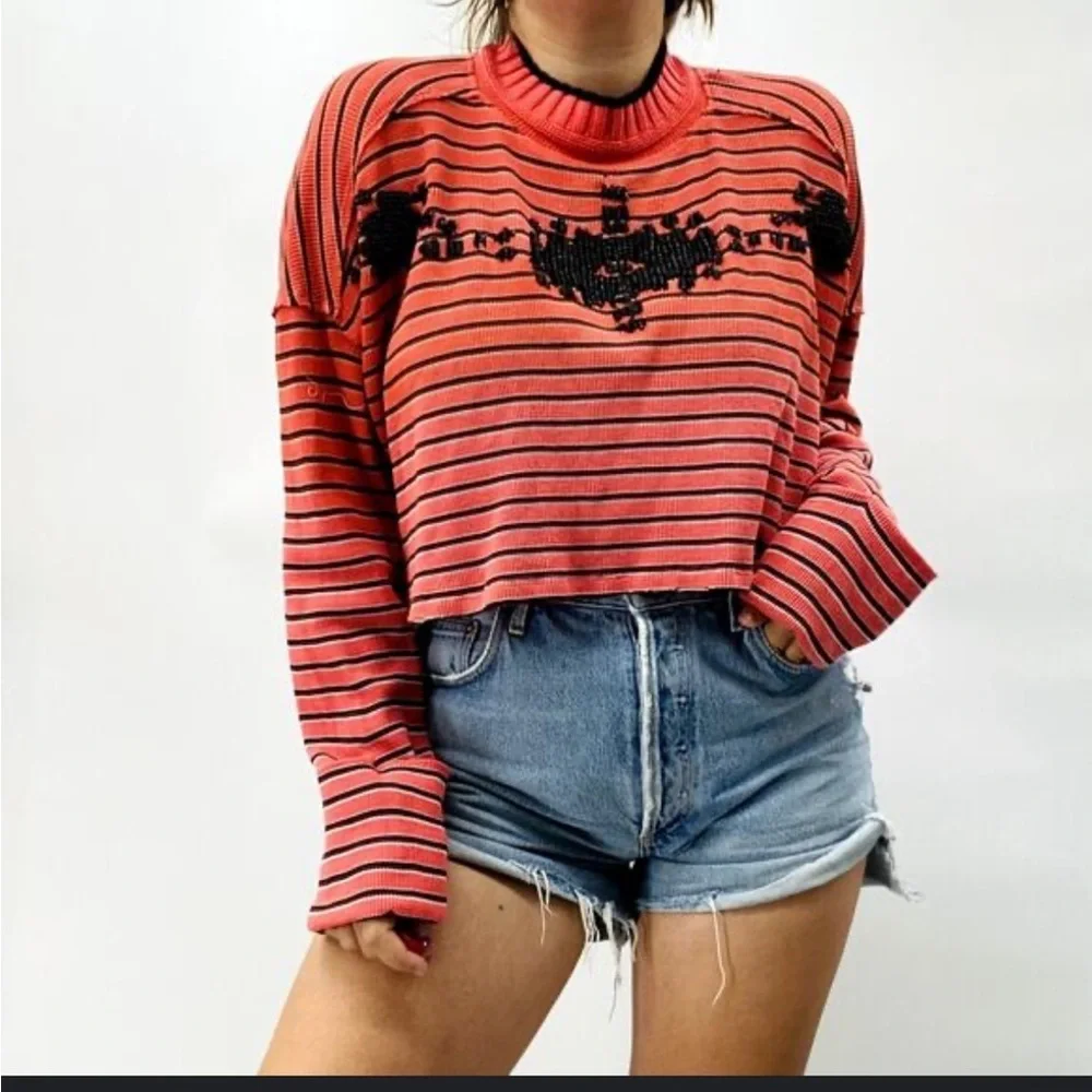 Free People We The Free Avalanche Thermal beaded Crop Top Striped Ribbed shirt